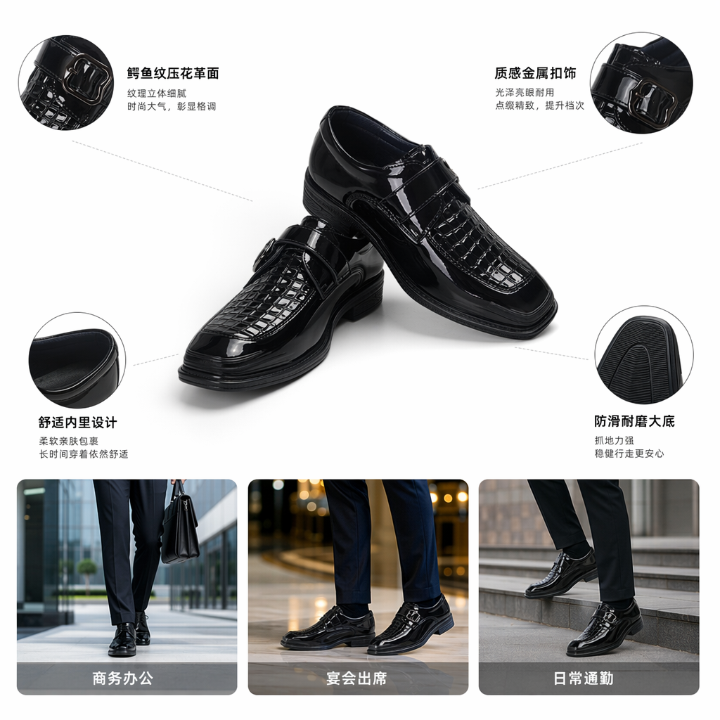 黑色白色亮面鳄鱼纹皮鞋组合展示
