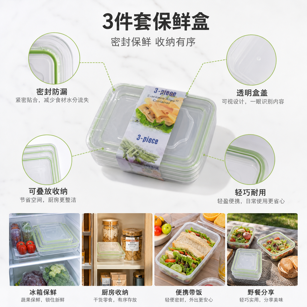 绿色边框透明盖三件套可叠放保鲜盒