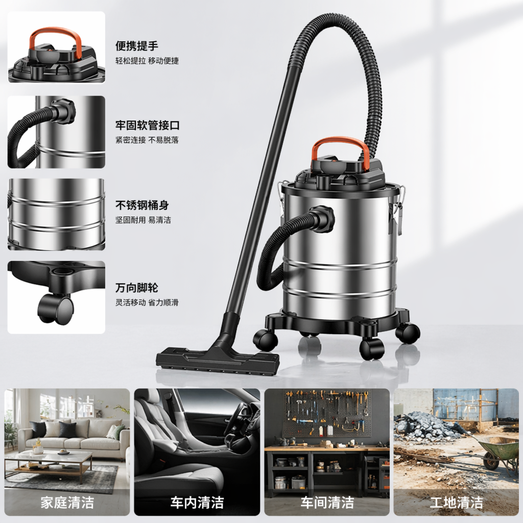 银色金属桶身家用吸尘器大吸力静音手持立式