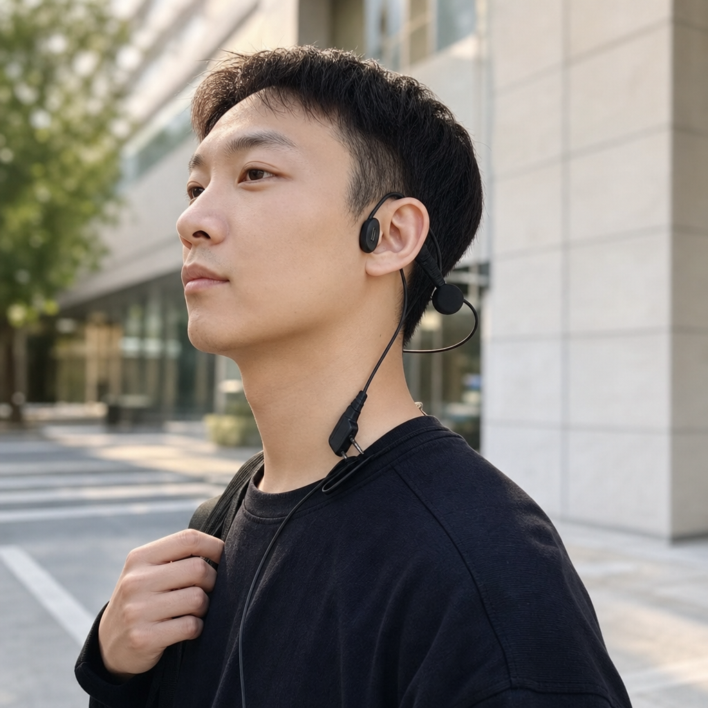 Black headset with ear-mounted microphone, spiral cable and dual plugs details Picture