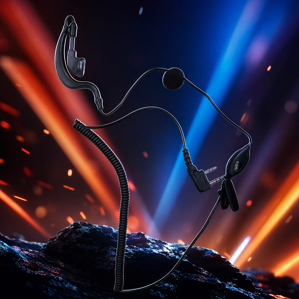 Black headset with ear-mounted microphone, spiral cable and dual plugs Specification image