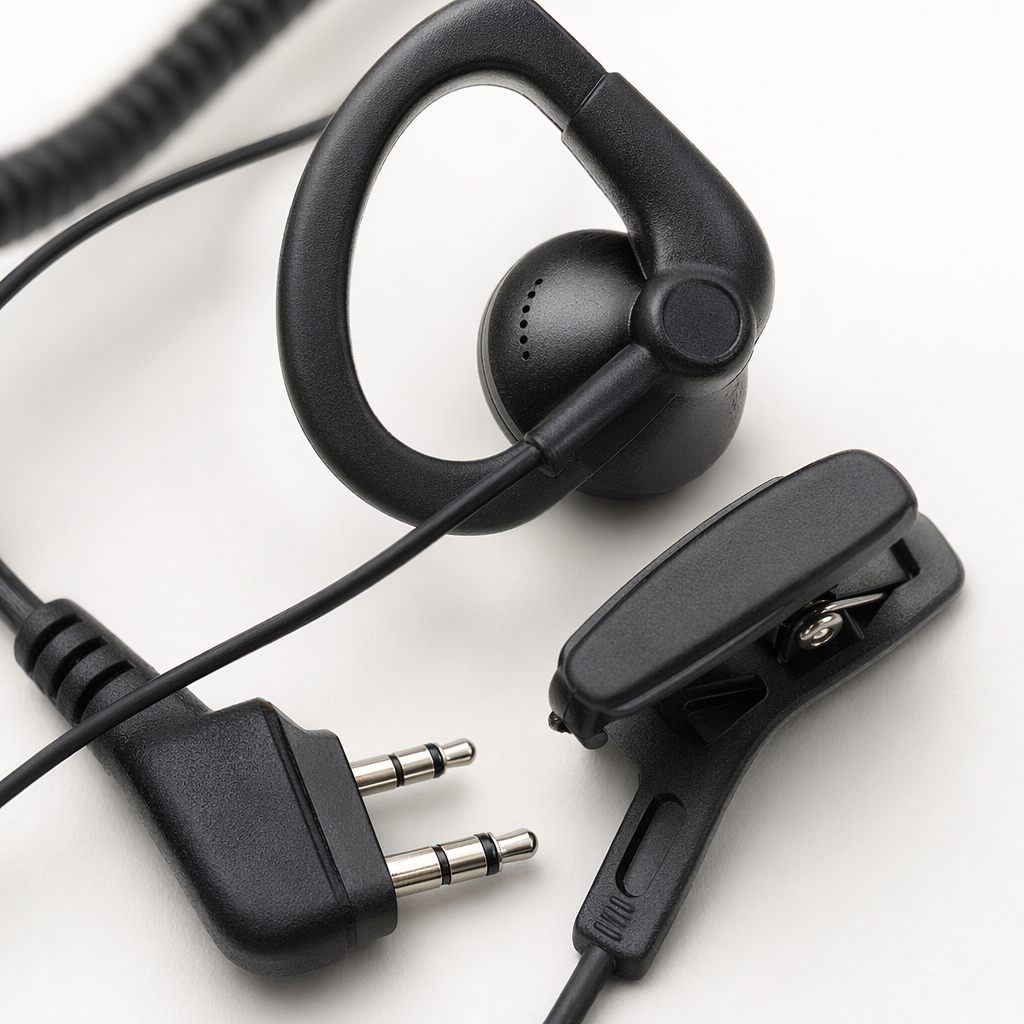 Black headset with ear-mounted microphone, spiral cable and dual plugs Application Scenario