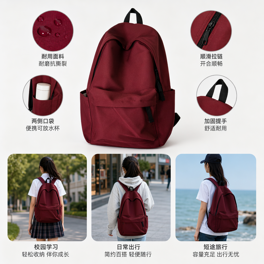 Red Oxford cloth commuting backpack, lightweight and wear-resistant, specially designed for students and office workers