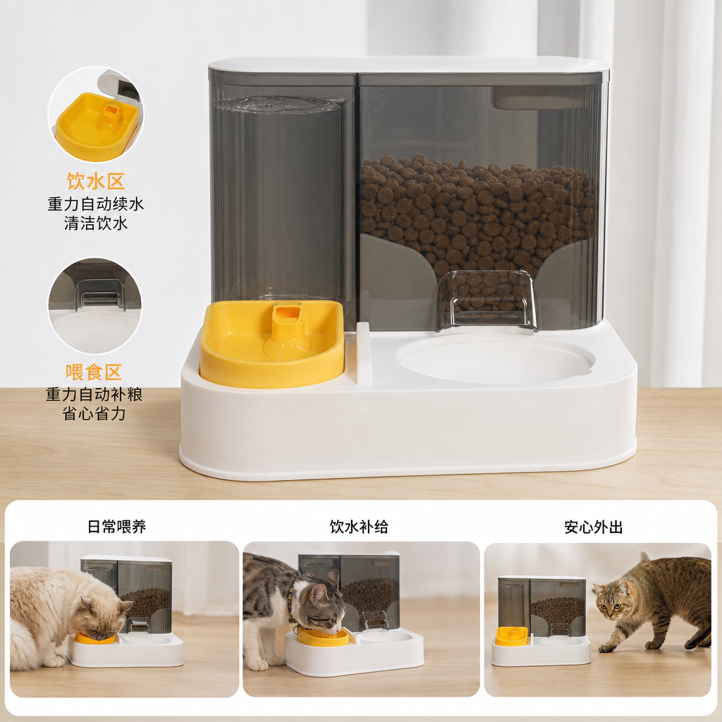A white automatic pet feeder with a grey food storage bucket and a yellow drinking bowl
