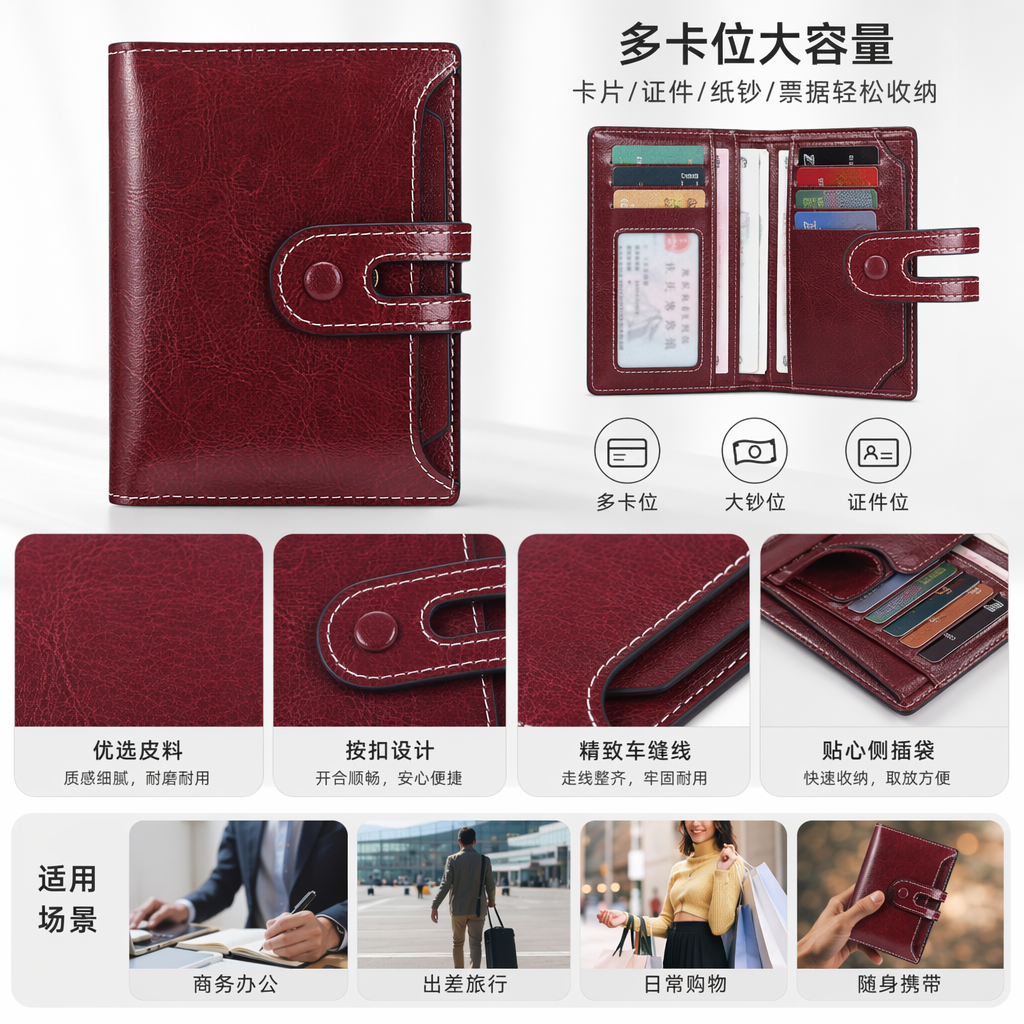 酒红色真皮钱包女士长款简约时尚百搭