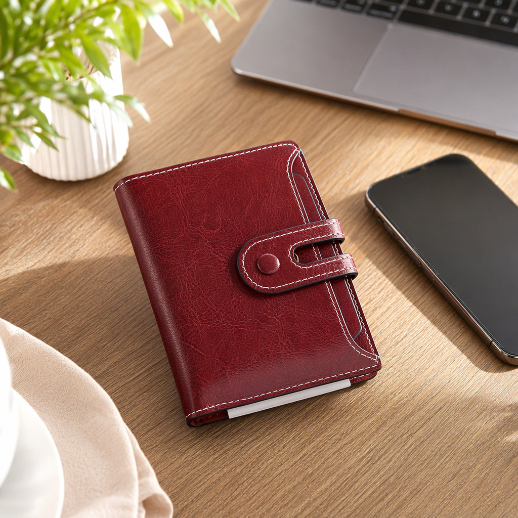 The wine-red genuine leather wallet for women is a long, simple, fashionable and versatile style details Picture