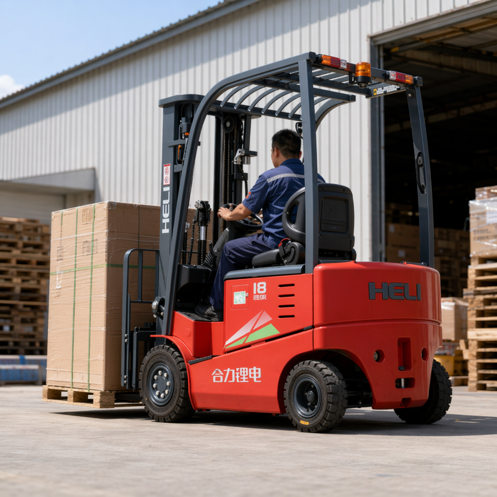 The red electric forklift is an industrial handling equipment powered by a 1.5-ton lithium battery details Picture
