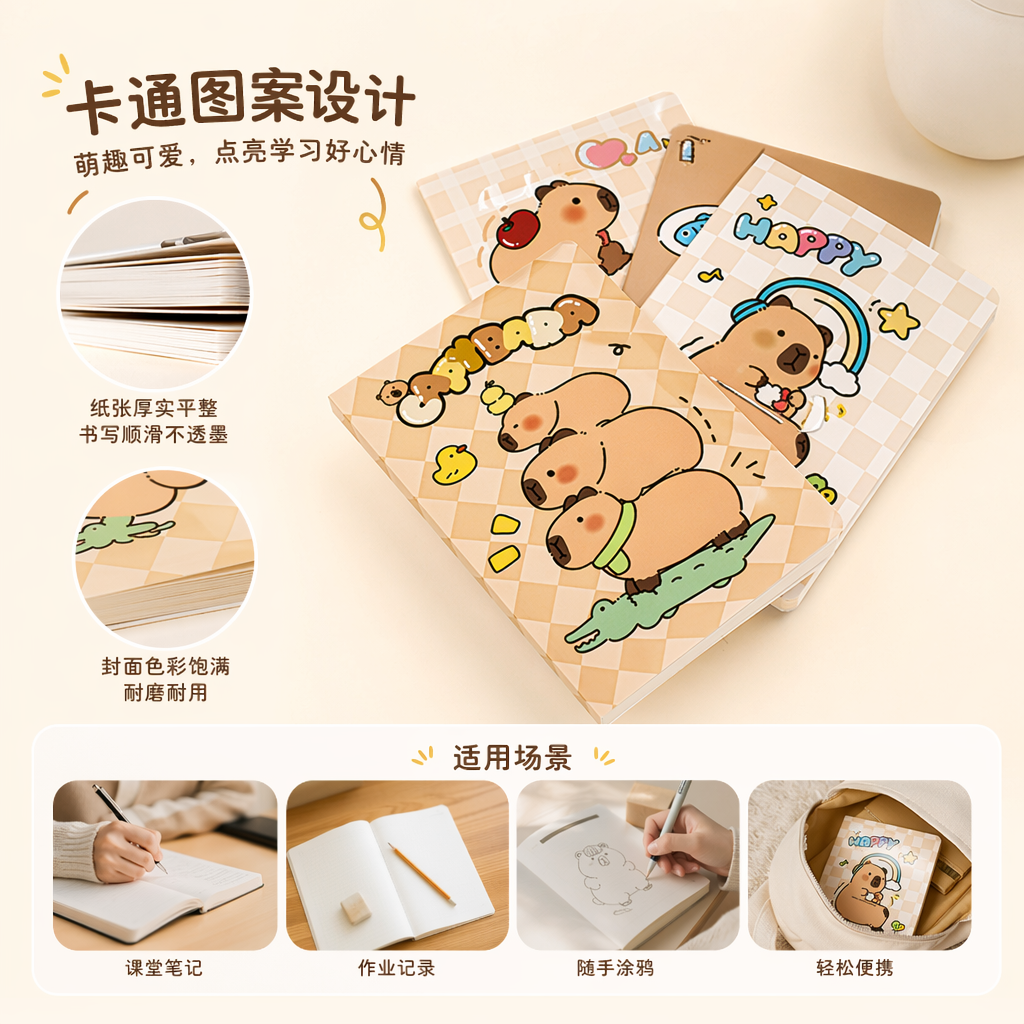 卡通卡皮巴拉笔记本 多款可爱图案设计 便携A5日记本