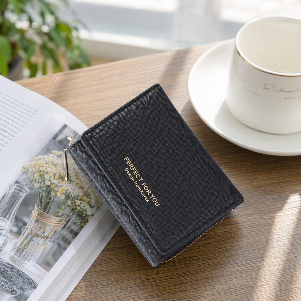 Black genuine leather men's wallet, simple business long card case, loose change wallet details Picture