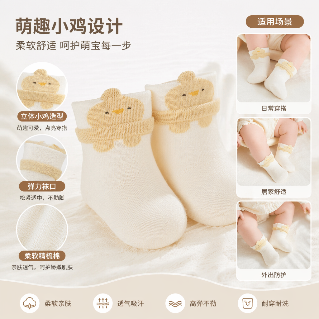 米白色婴儿袜子黄小鸭图案纯棉吸汗防滑新生儿袜