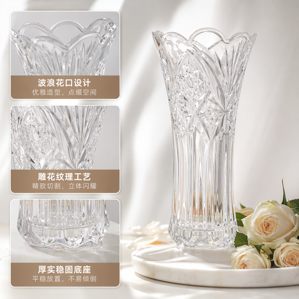 透明水晶花瓶 客厅装饰摆件 高透光感简约北欧风