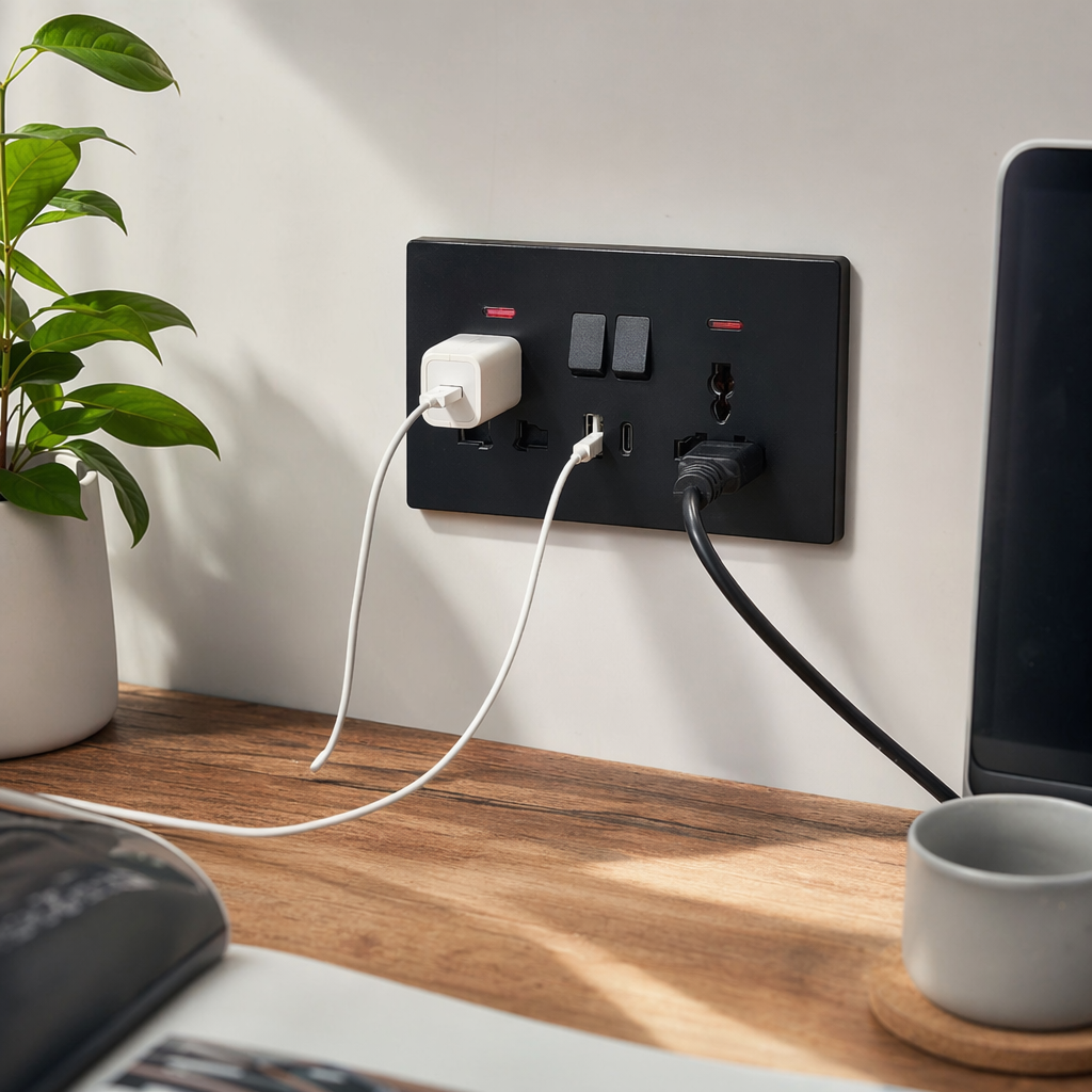T5/T6 black dual-function USB+C wall socket, safe and anti-electric shock, exclusively for export details Picture