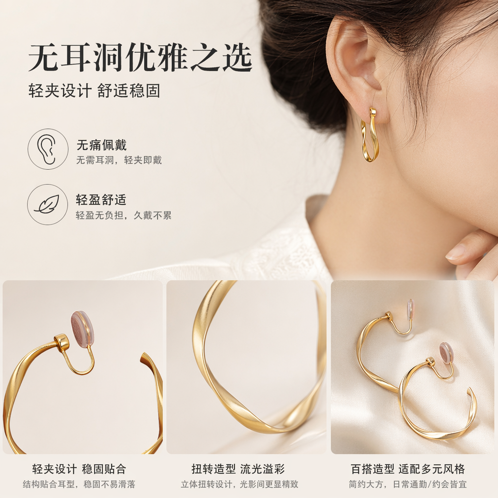 金色螺旋耳环 时尚简约几何设计轻奢女士耳饰