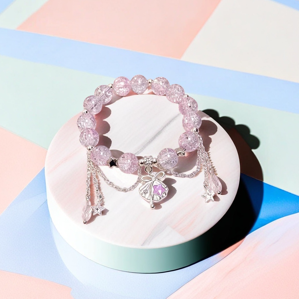 粉色水晶手链点缀银色星星贝壳吊坠女款轻奢饰品