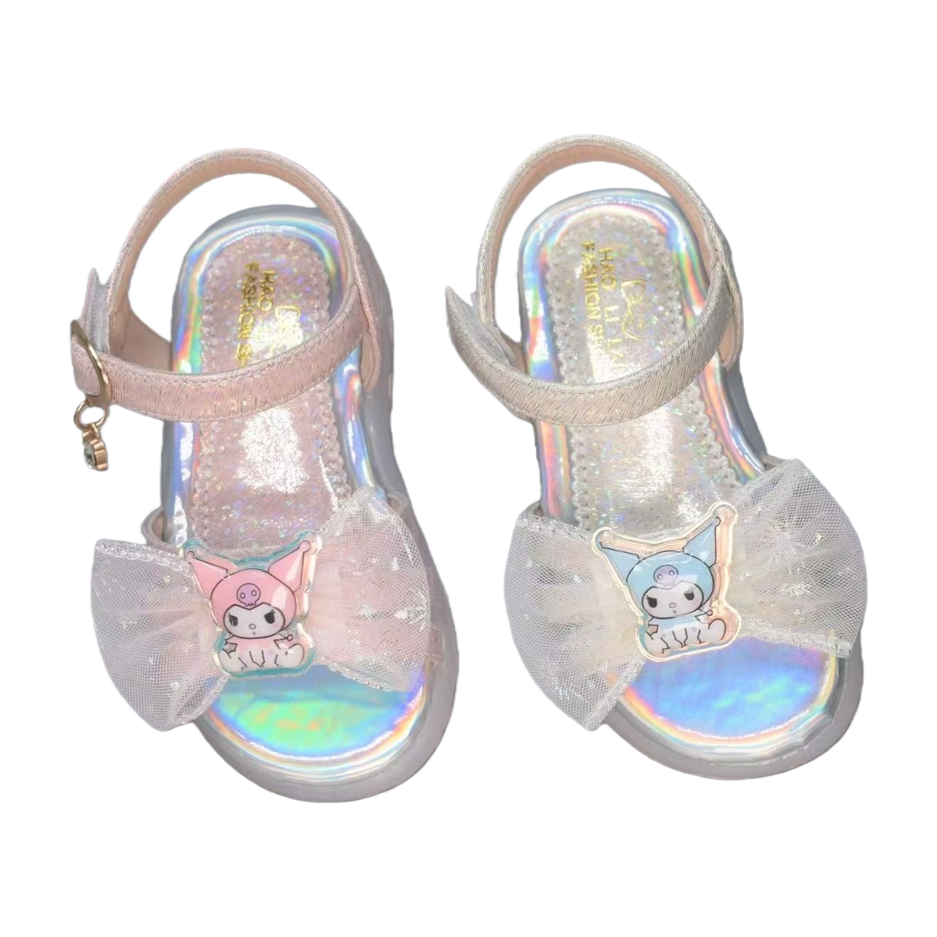Rainbow-colored sequined children's sandals with Kuromi cartoon stickers and white gauze bows Item Picture