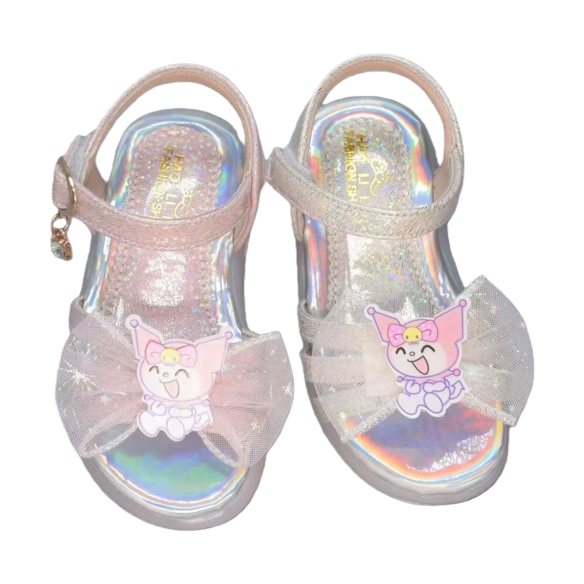 Pink shiny children's sandals with Kulomi cartoon stickers and mesh bow Item Picture