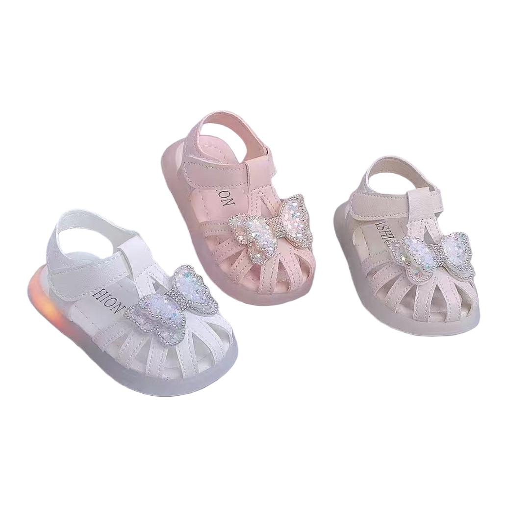 White and pink children's sandals with shiny bow and luminous base Item Picture