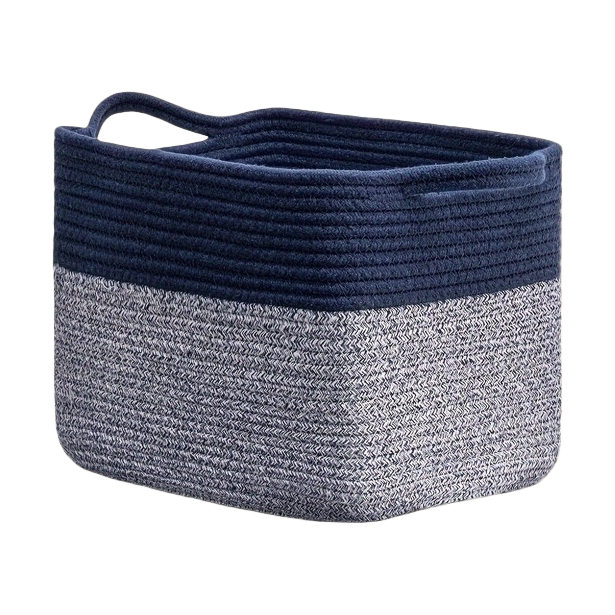 A deep blue and grayish-white color-matched rope woven storage basket for home living room and bedroom organization and storage Item Picture