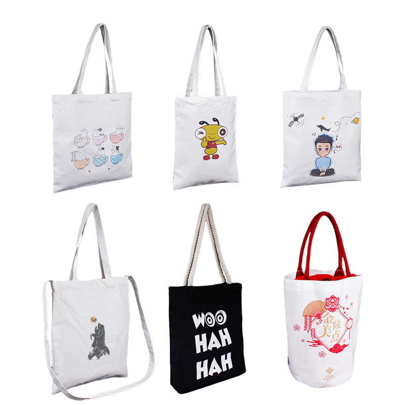 White canvas bag, six pattered tea cups, cartoon bee character illustration, walking figure WOO HAH HAH, Jinling Meidian Item Picture