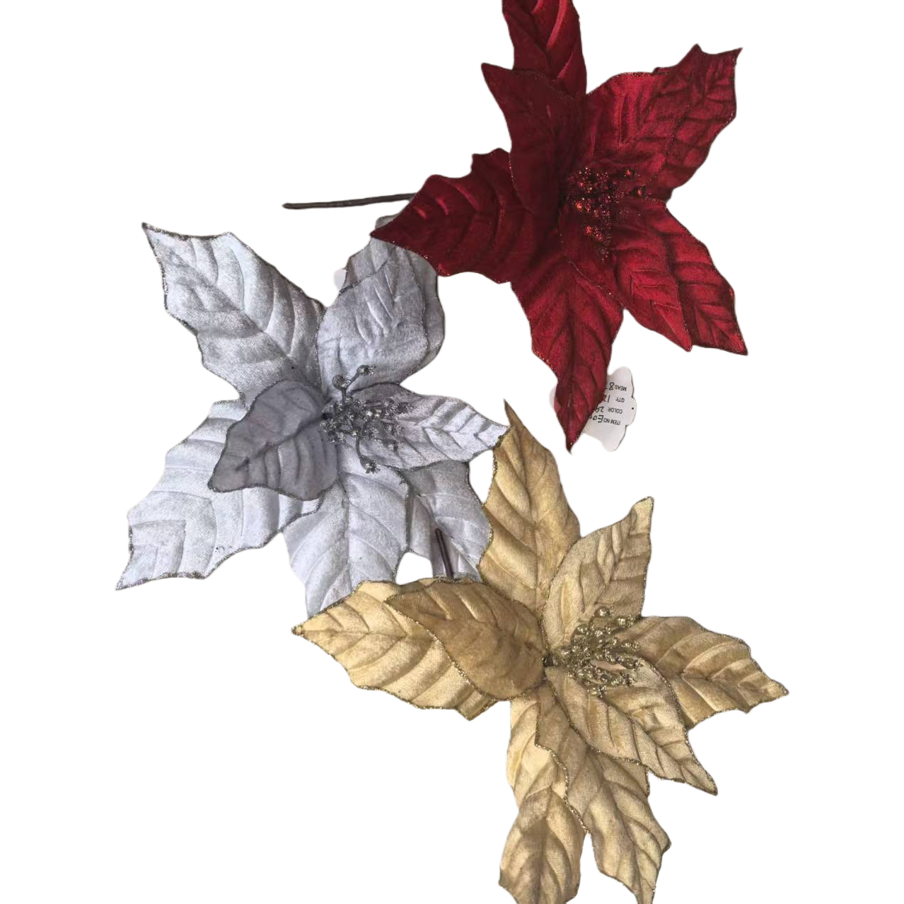 Three artificial poinsettias in red, silver and gold are decorative flowers Item Picture
