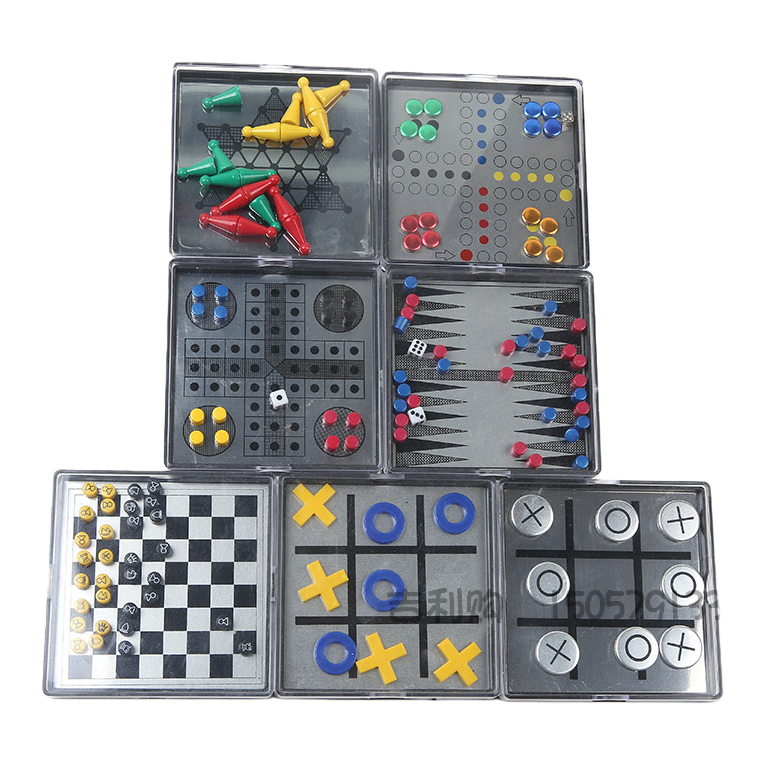 A combination of multiple portable board games, including Checkers, chess, Gobang, Tic-toe, and Backgammon Item Picture
