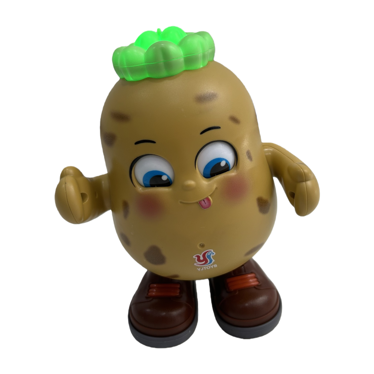 A brown-spotted potato-shaped toy with a green bun, big blue eyes and a tongue-sticking expression, wearing brown leather shoes Item Picture