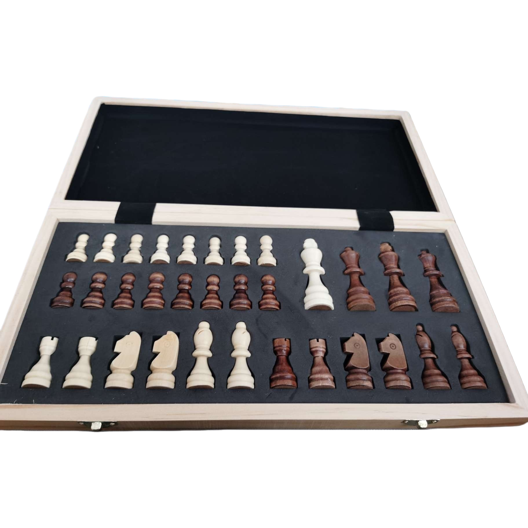木质棋盒+国际象棋棋子白底实物图