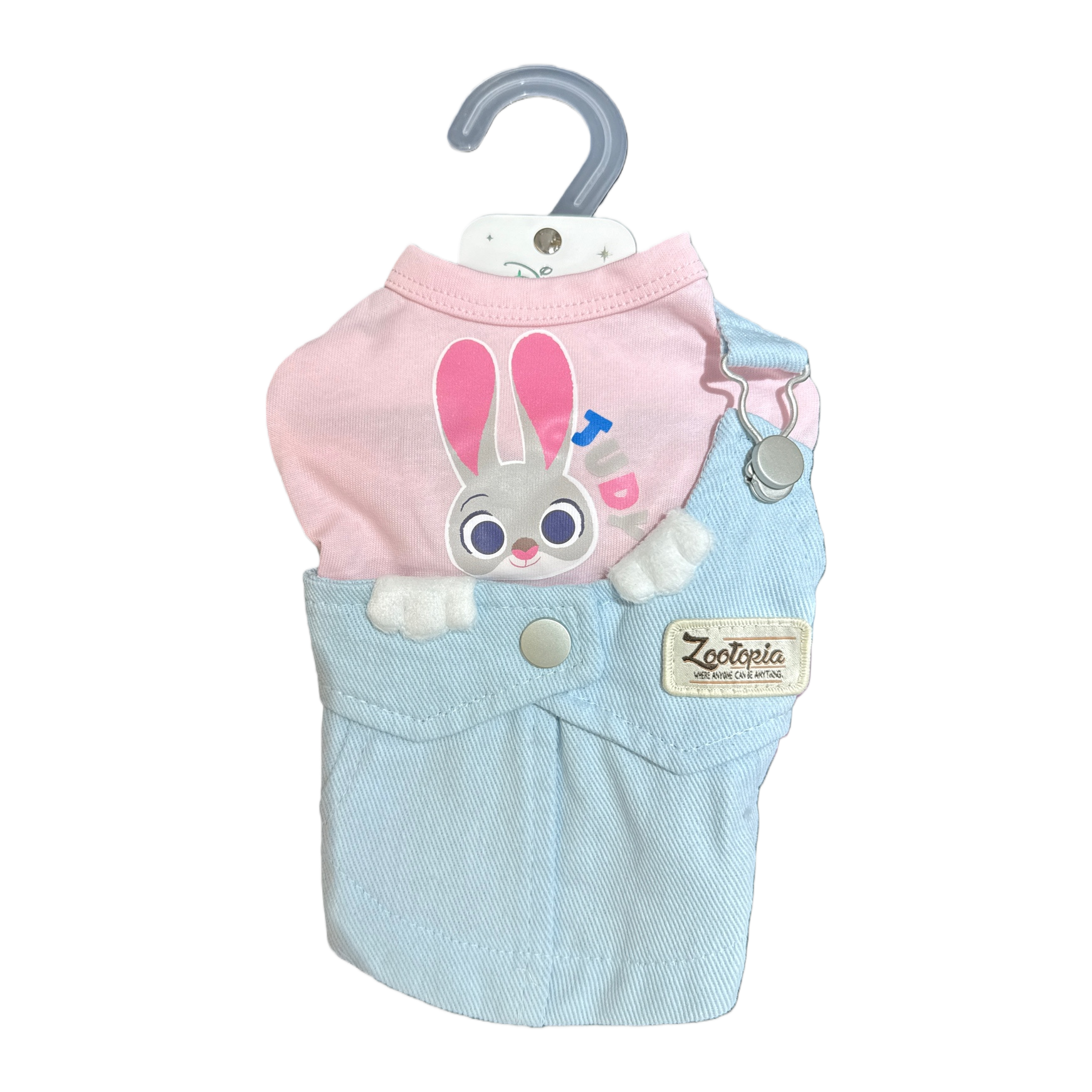 A pink rabbit-patterned top paired with light blue overalls and hung on a plastic hanger Specification image