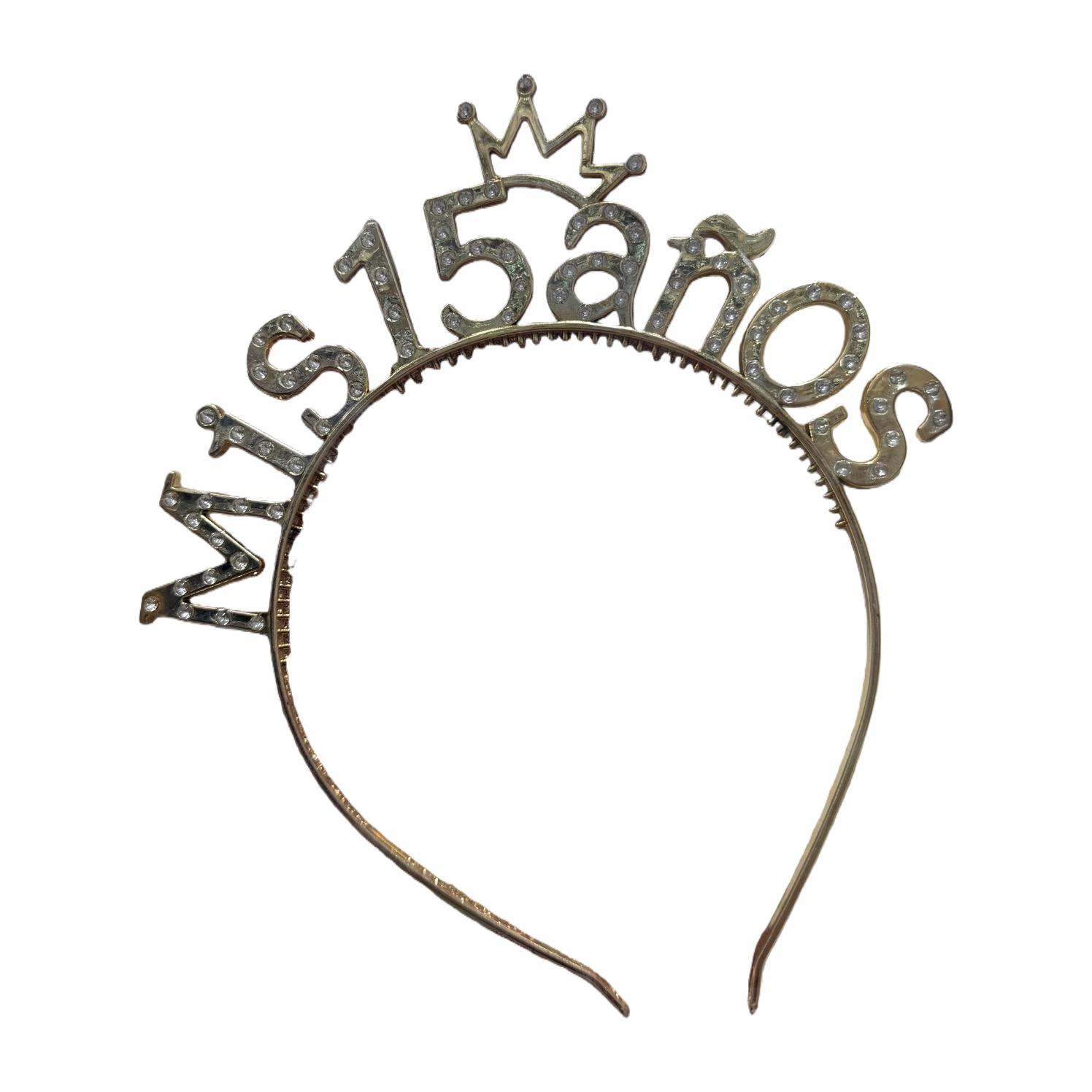 The gold diamond-encrusted 15 anos headband is paired with a rose gold sequined ribbon Item Picture