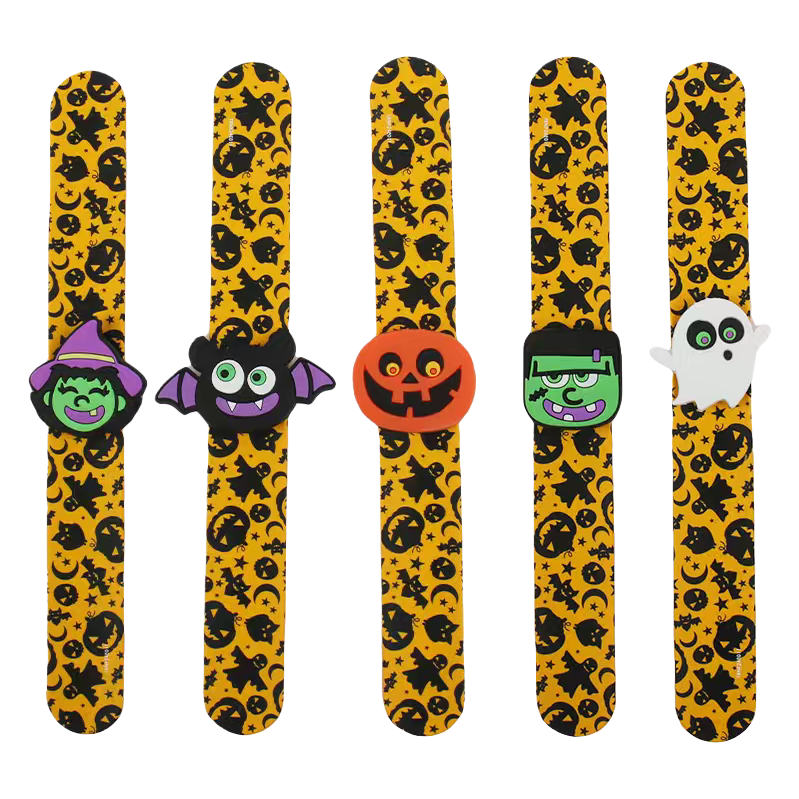 Five black patterned elastic wristbands of Halloween-themed silicone rings, witch, bat, pumpkin lantern, Frankenstein and ghost Item Picture