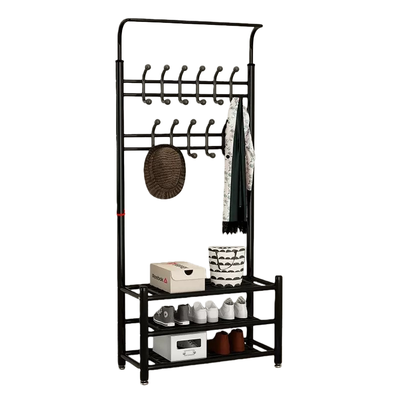 The black three-layer iron pipe coat rack is stable and load-bearing, and does not require drilling for hanging clothes at the entrance of the bedroom Item Picture