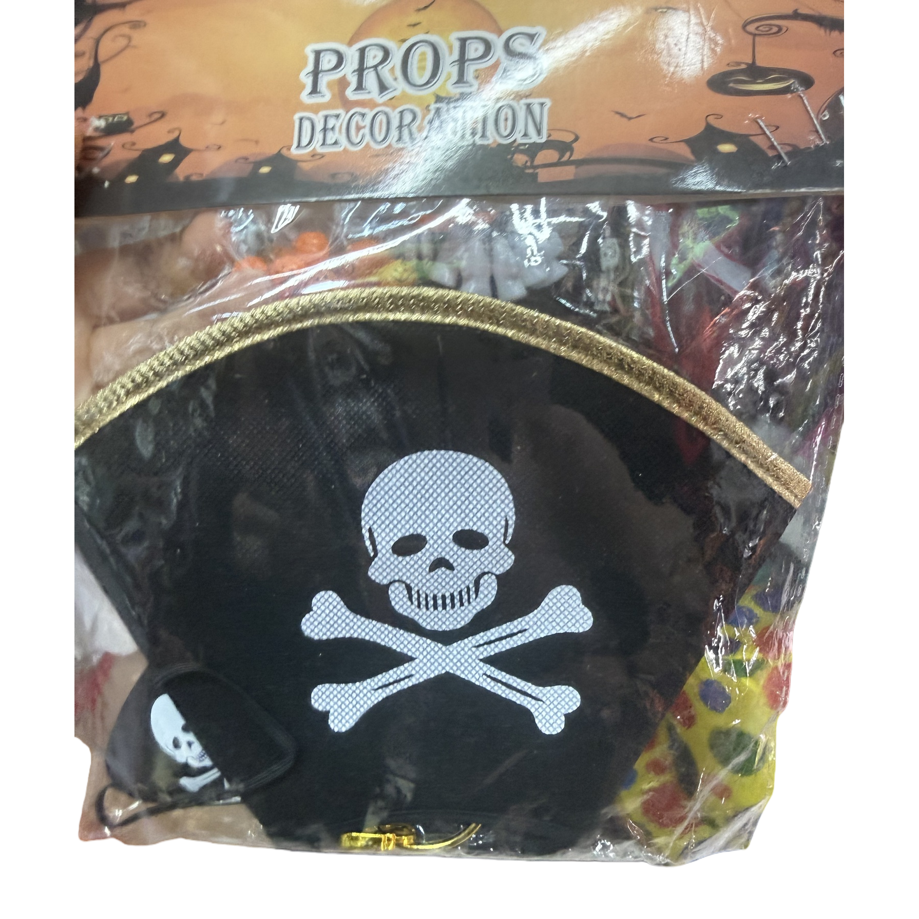 Black pirate hat, white skull cross bone pattern, golden trim Item Picture