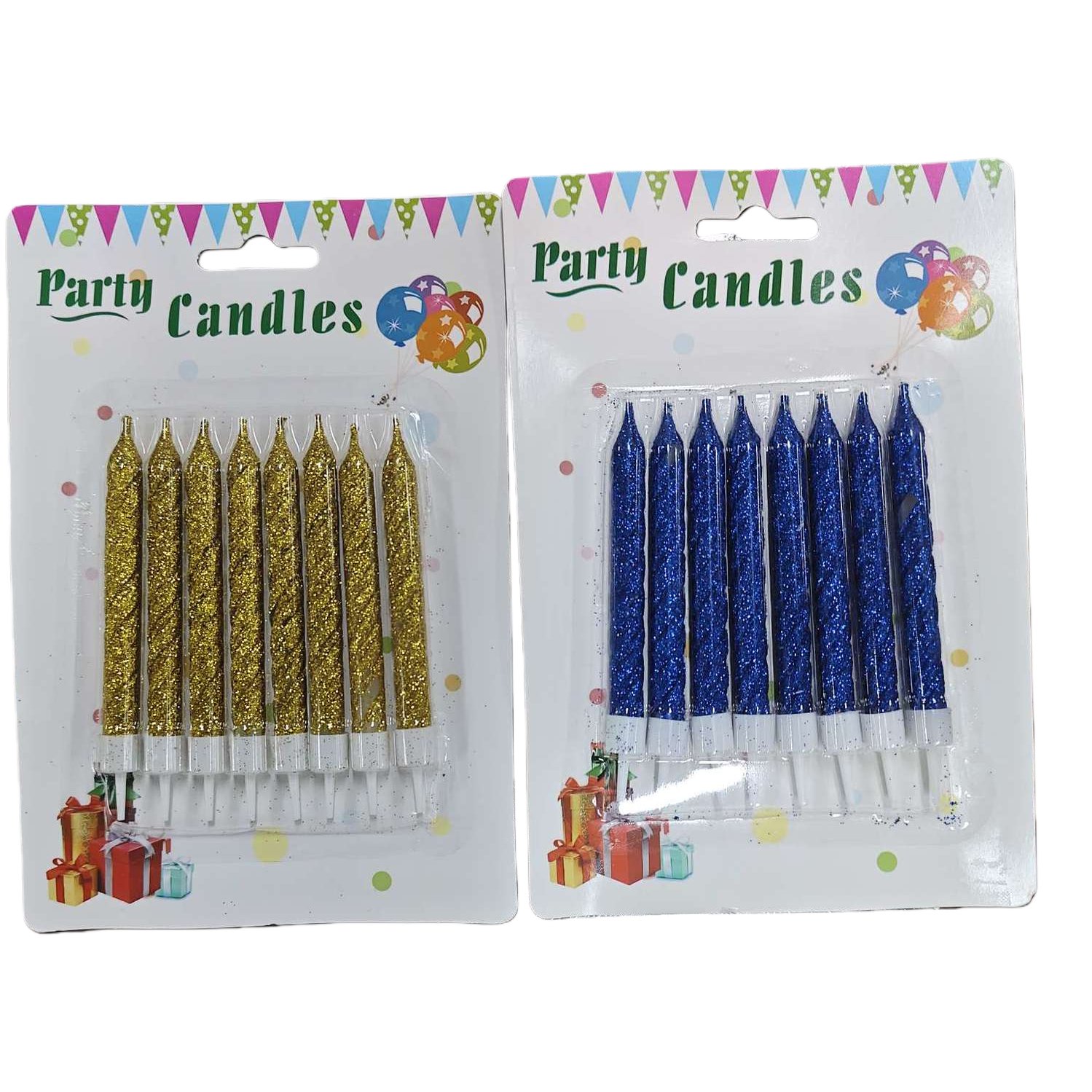 Golden and blue glitter party candles set the atmosphere for birthday celebration decorations Item Picture