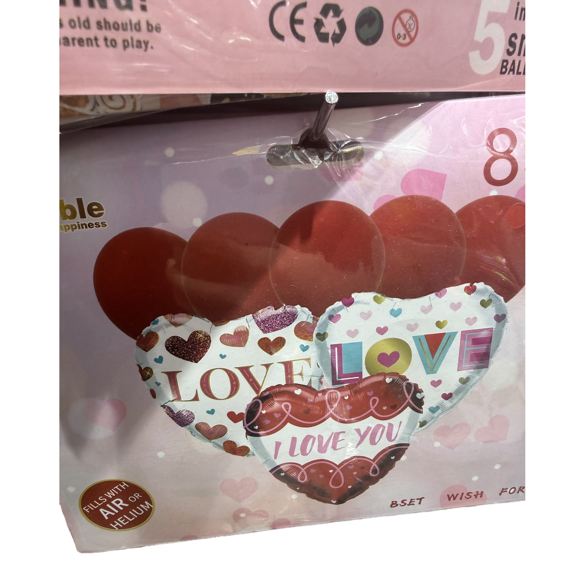 The pink packaging bag contains red heart-shaped LOVE decorative balloons Item Picture