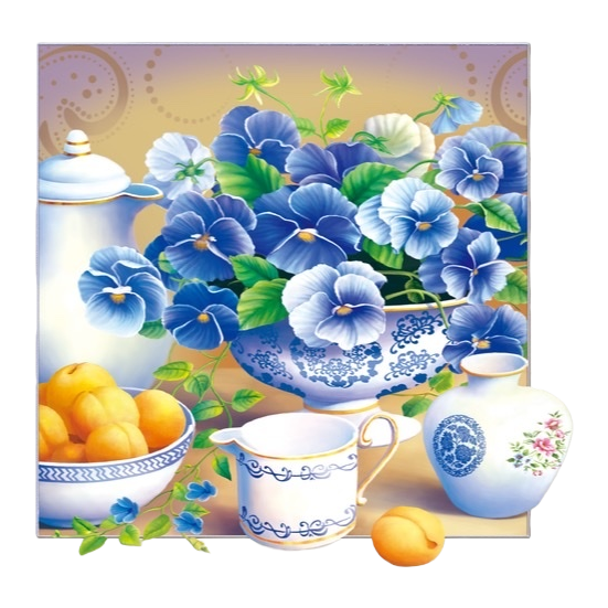 蓝白瓷花瓶插着蓝色花朵+水果与瓷器静物组合白底实物图