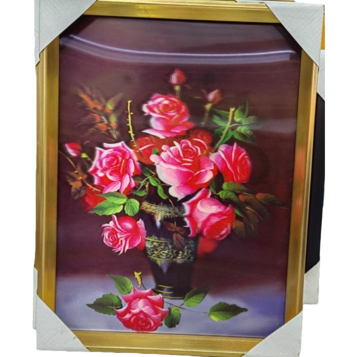 金色边框画作+玫瑰花束插画白底实物图