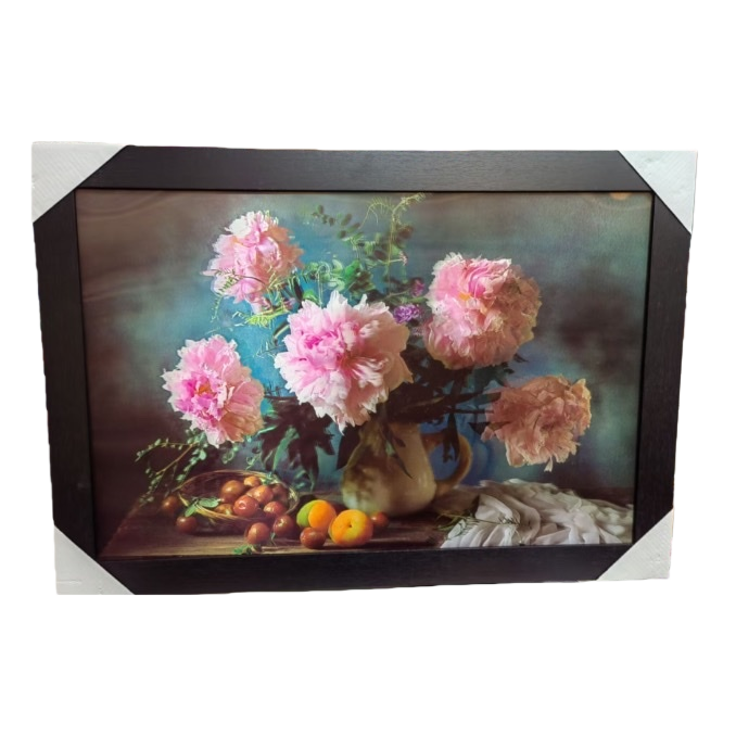 黑色相框+花卉静物画白底实物图