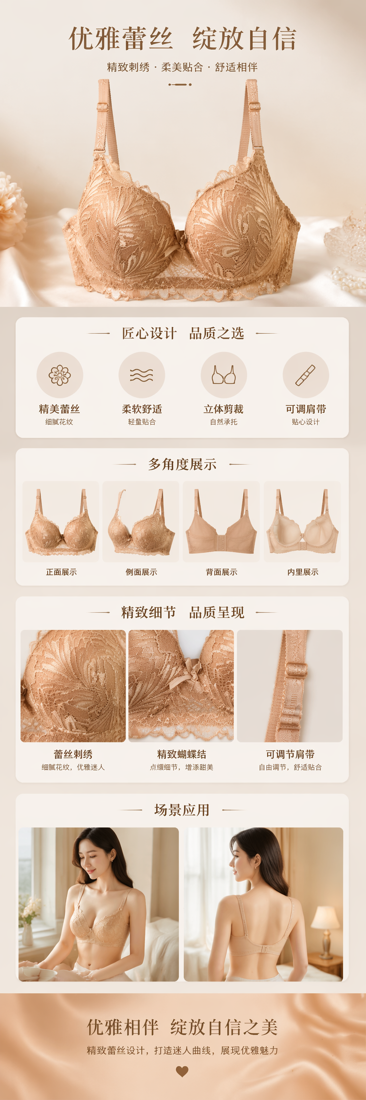 金色蕾丝女士文胸 聚拢无钢圈舒适透气内衣详情1