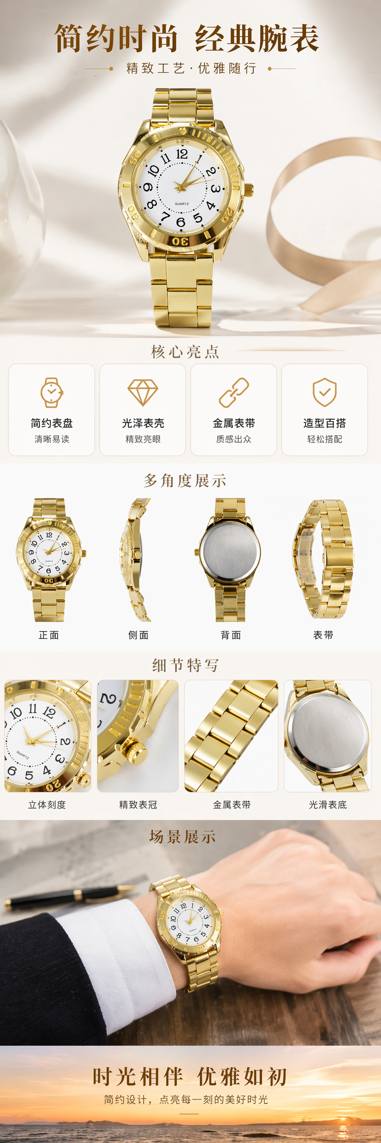 金色女士石英手表简约时尚商务休闲腕表详情1