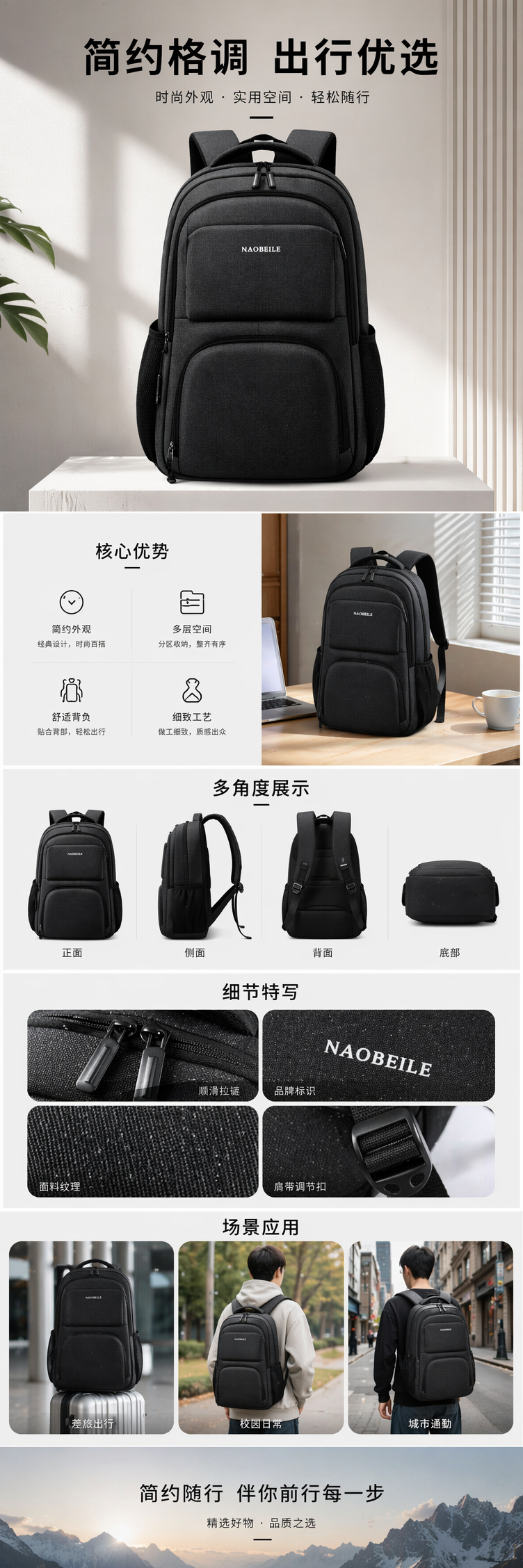 灰色简约时尚双肩背包 轻便大容量学生通勤旅行包 pic 1