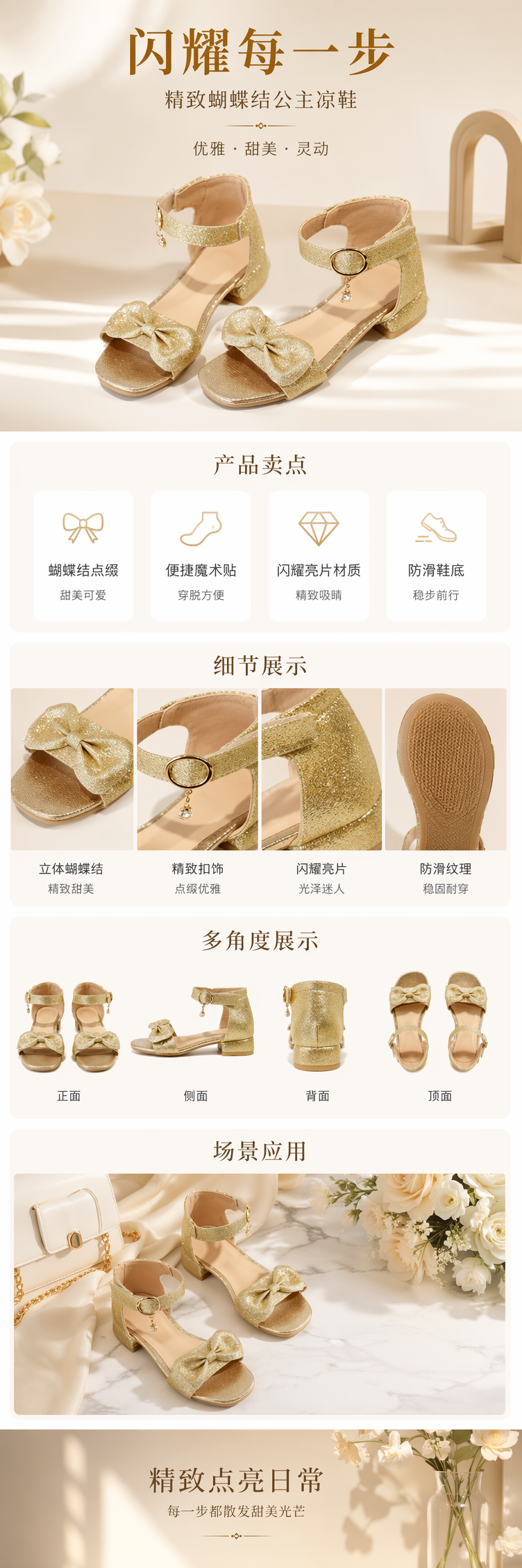 金色亮片蝴蝶结凉鞋女夏季透气防滑平底休闲鞋 pic 1
