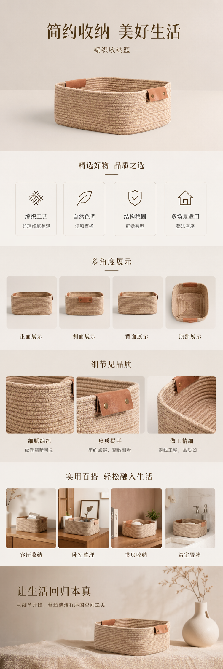 米色编织收纳筐家用卧室客厅整理筐大容量储物篮详情1