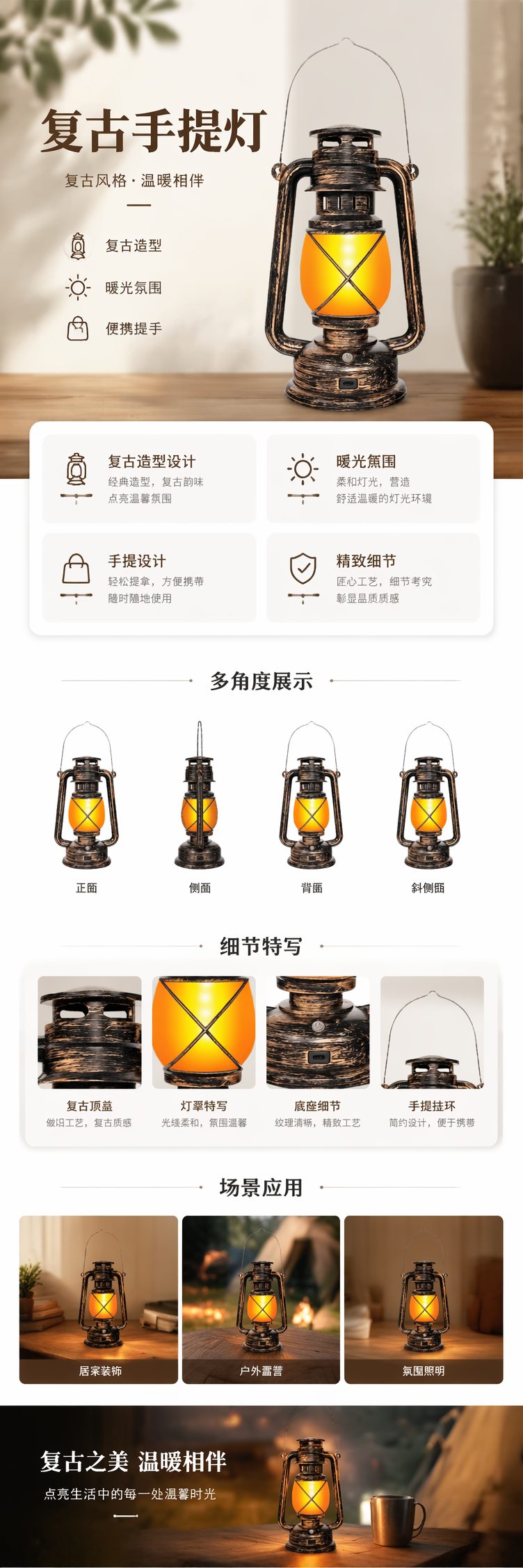 复古煤油灯铜质手工做旧卧室客厅装饰摆件可调光详情1