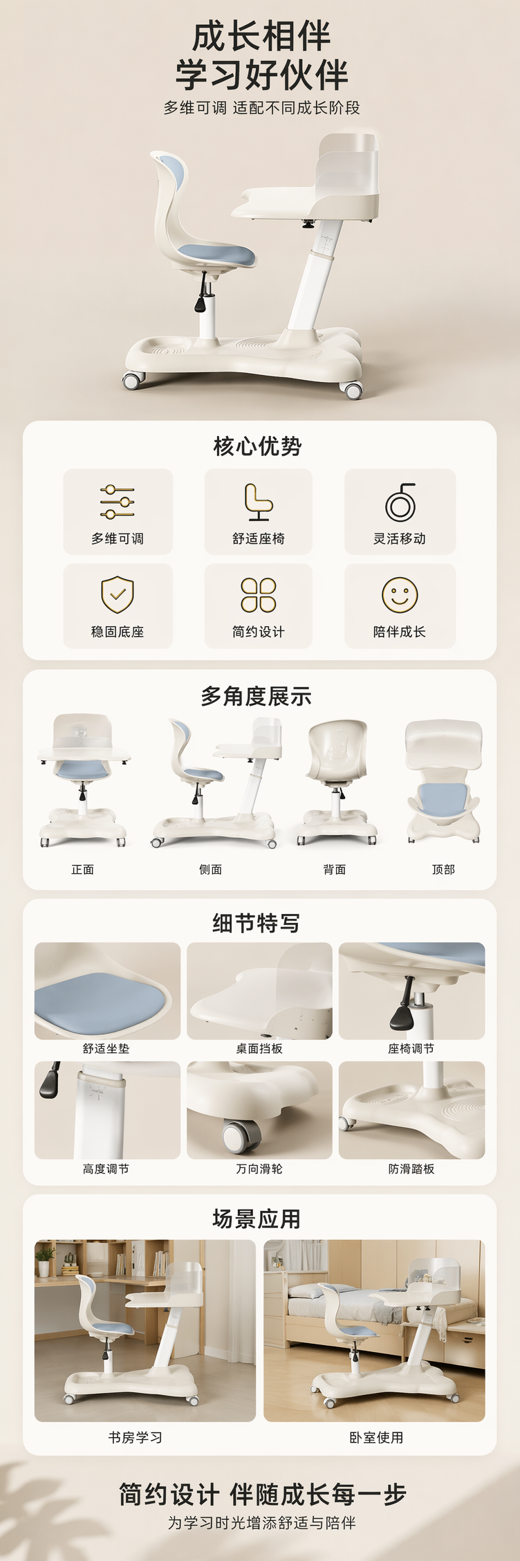 白色可调节儿童学习桌椅组合升降书桌椅套装详情1
