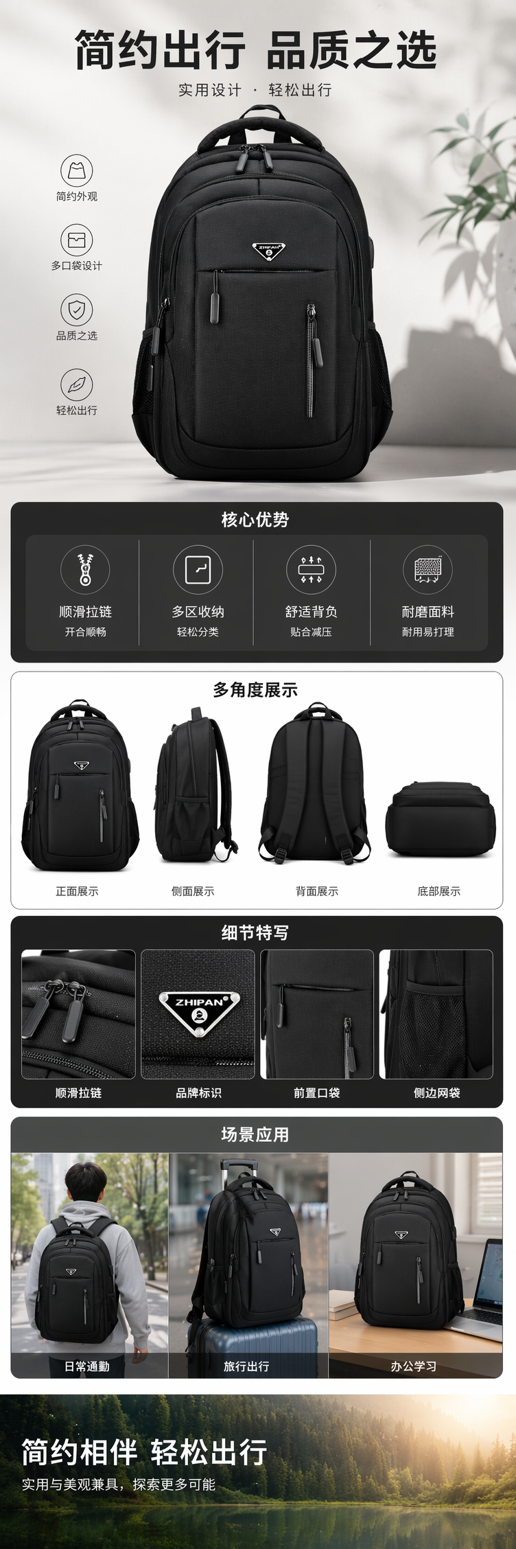 黑色双肩包大容量轻便学生通勤旅行背包 pic 1