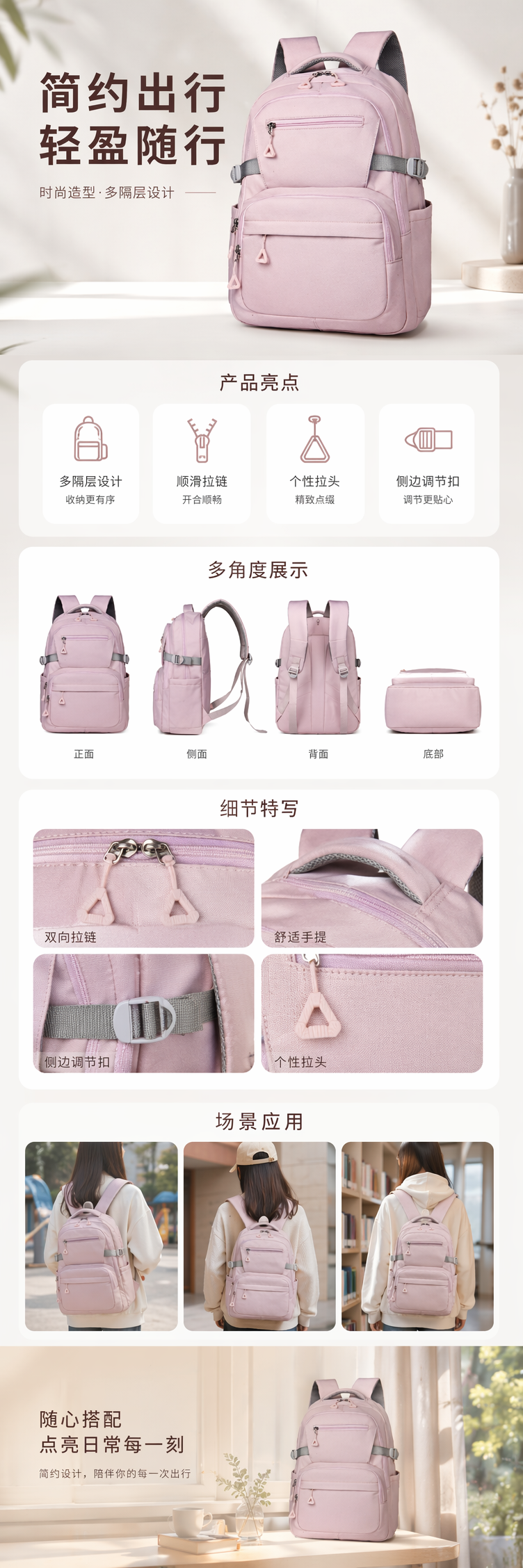 粉色双肩包学生简约轻便大容量通勤旅行背包 pic 1
