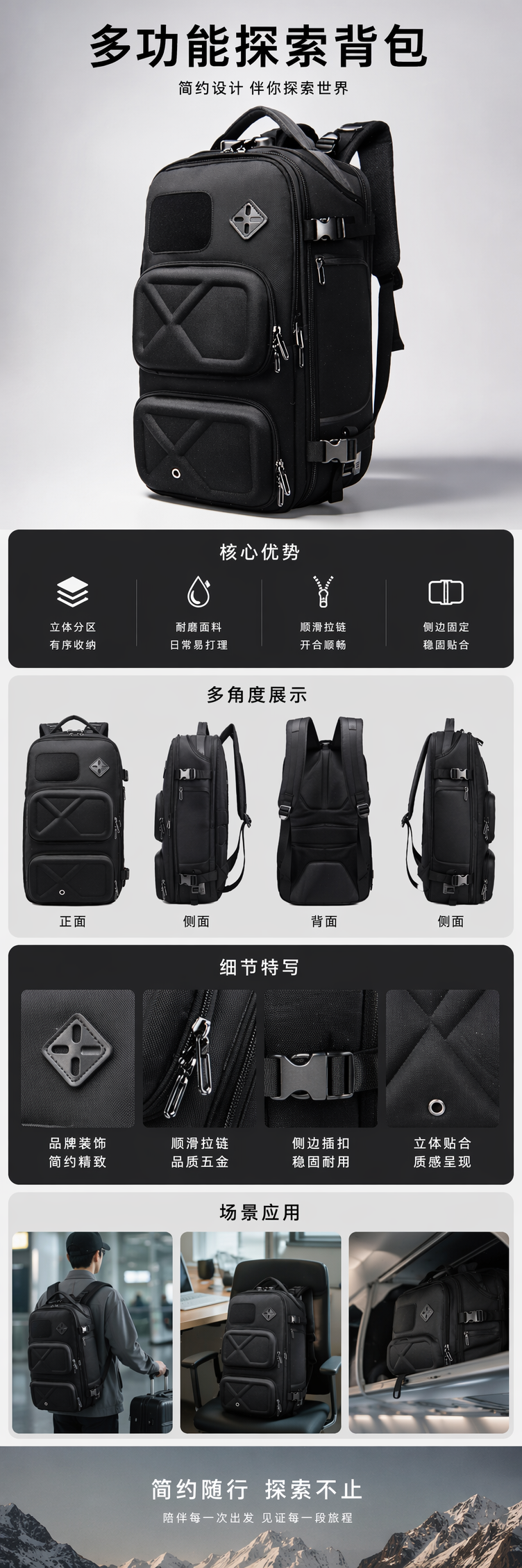 黑色简约商务休闲背包 轻便耐磨大容量通勤学生用 pic 1