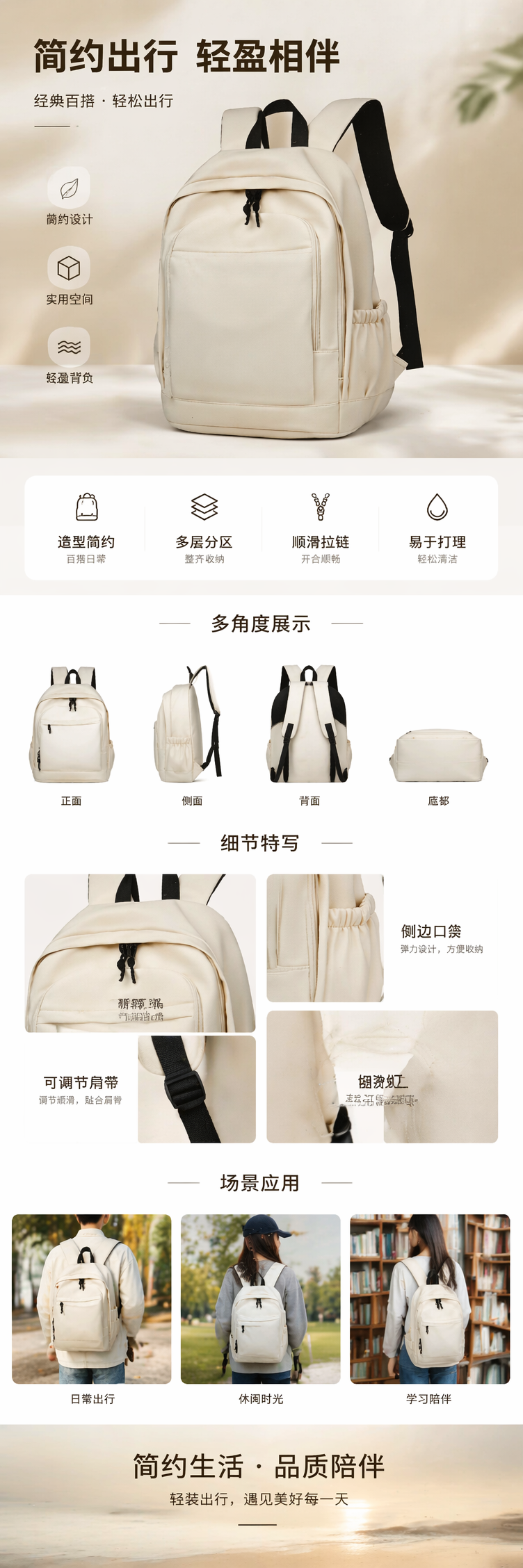 白色双肩包简约百搭轻便大容量学生通勤旅行背包 pic 1