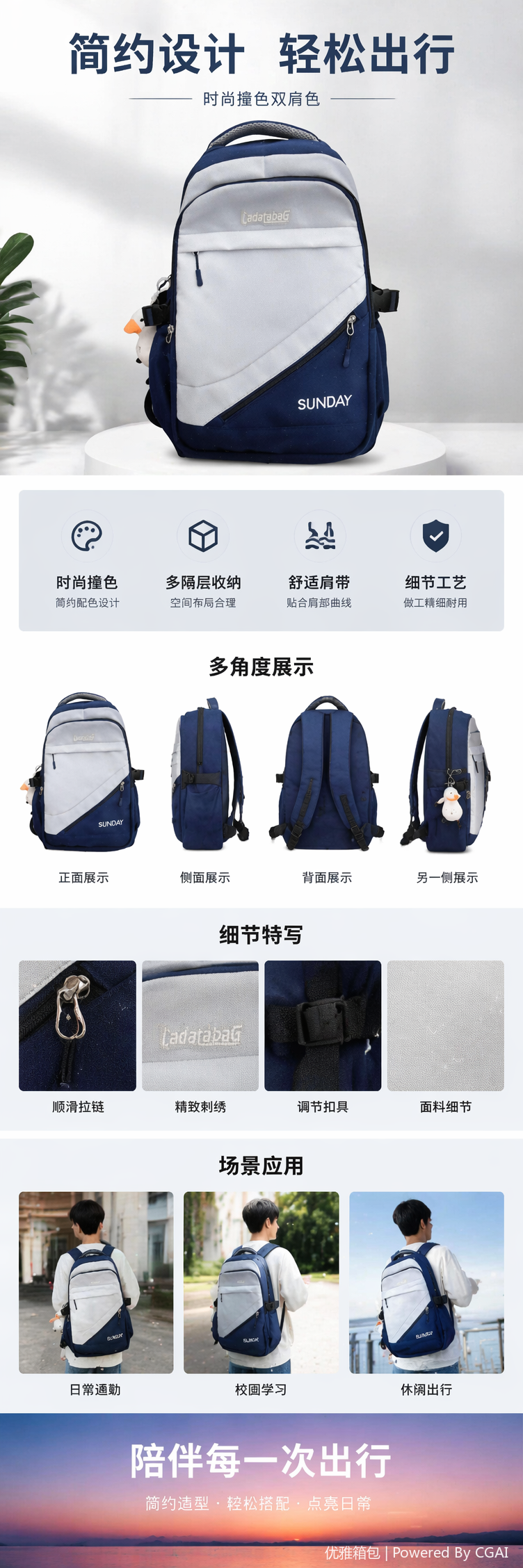 蓝白拼色简约时尚双肩背包轻便大容量学生通勤款 pic 1