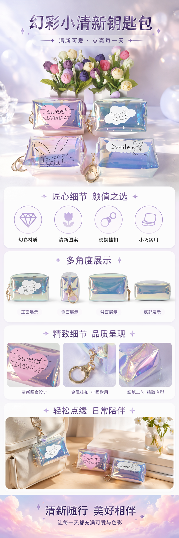 彩色渐变透明文具盒带心形云朵兔子卡通图案配金色钥匙扣仿真花束 pic 1